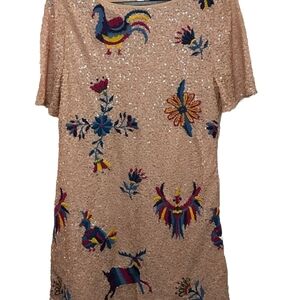 Sequin Embroidered Beige Shift Dress with Colorful Folk Motifs